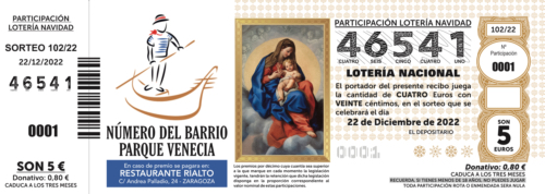 Participacion de loteria de Navidad del centro comercial Parque Venecia de Zaragoza